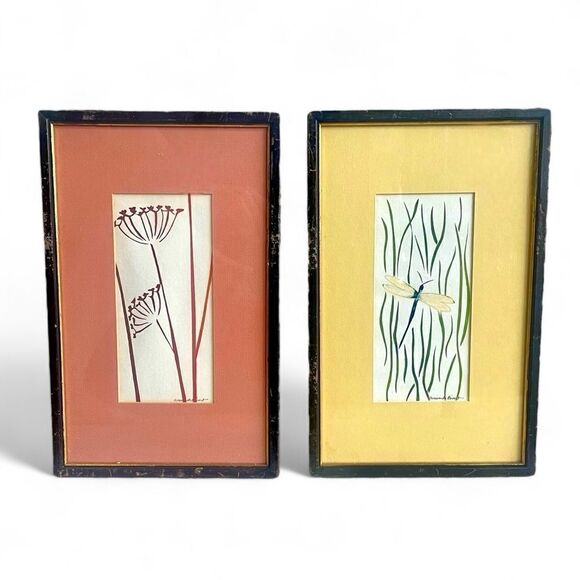 Vintage Artist Signed Watercolor Dragonfly Dandelion Flower Matted Framed Art - Picture 1 of 16